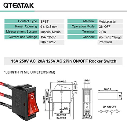 5Pcs Red LED Pre-Wired Mini Boat Rocker Toggle Switch - color: Red, size: AC 250V/15A 125V/20A - Pre-Wired