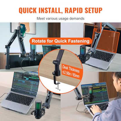 VEVOR Microphone Boom Arm, Adjustable Mic Stand with Cable Management, Desk Mount Clamp, Detachable Extension Rod, 3/8" to 5/8" Adapter, for Recording Studio Streaming Gaming Blue Yeti SM7B Audio - style: Mic Boom Arm + Extension Rod