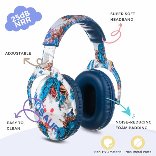 Kids Ear Protection Safety Ear Muffs, NRR 25dB Noise Reduction Children Earmuffs, Hearing Protectors for Sleeping, Studying, Airplane, Concerts, Fireworks-Dinosaur with Blue Band - color: Blue Band Dinosaur