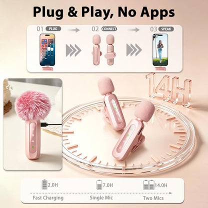 Pink Wireless Mini Microphone for iPhone 15/16/17,iPad,Android,with Noise Cancellation,Portable USB C Lapel Mic for Video Recording,Vlog,TikTok,YouTube–Rose Pink for Content Creators