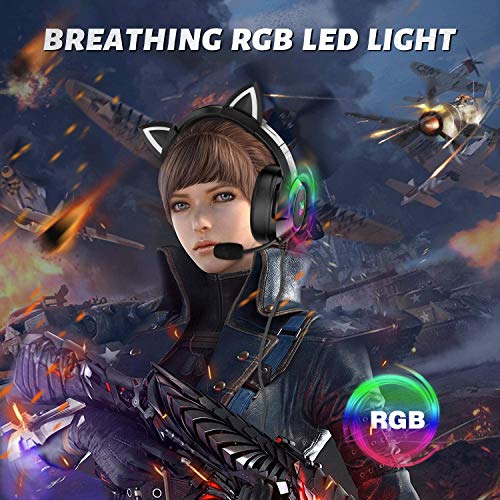 PHNIXGAM Gaming Headset - Removable Cat Ears, RGB/Retractable Mic, Black | Wired 3.5mm surround sound gaming headphone, Compatible with PC, PS4, PS5, mobile - color: Black 3.5mm