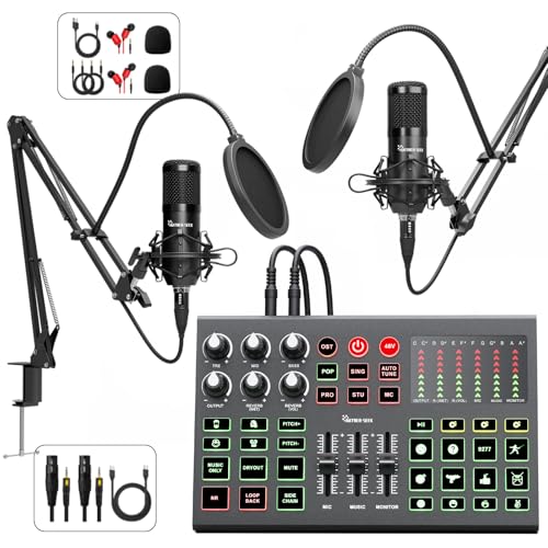 Podcast Equipment Bundle for 2, Audio Interface Mixer with Condenser Microphones, Noise Cancellation, Voice Change, 48V Phantom for Podcasting, Streaming, Recording, Gaming, TikTok, PC, Phone (V1)