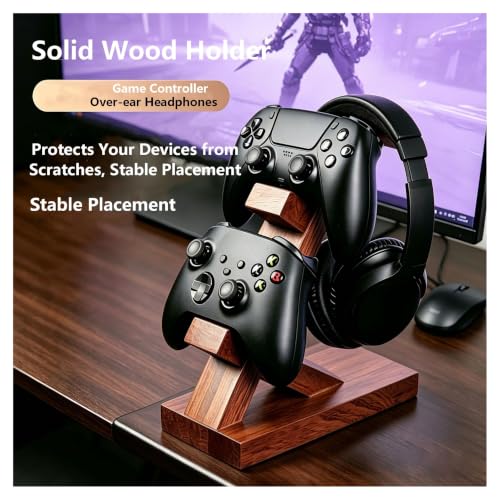 Solid Wood Headset Stand with Gaming Controller Holder, Desktop Gaming Accessory