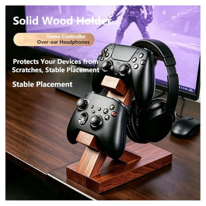 Solid Wood Headset Stand with Gaming Controller Holder, Desktop Gaming Accessory