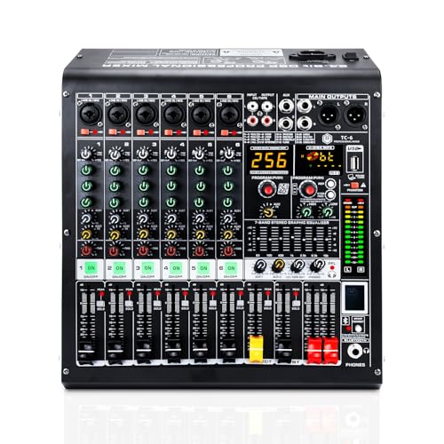 W IN-MIX 6 Channel Audio Mixer with Bluetooth, USB MP3 Player, 48V Phantom Power for Studio Recording, Live Performance, Karaoke, Podcast