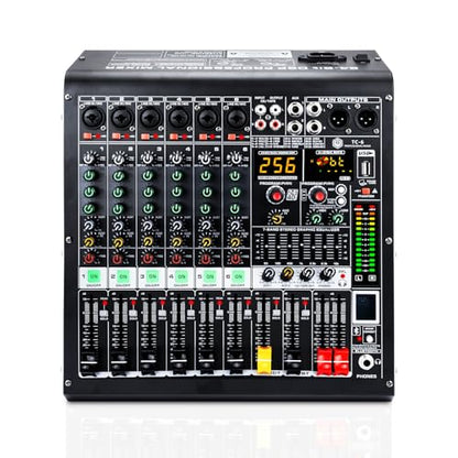 W IN-MIX 6 Channel Audio Mixer with Bluetooth, USB MP3 Player, 48V Phantom Power for Studio Recording, Live Performance, Karaoke, Podcast
