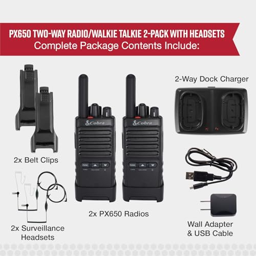 Cobra PX652 Professional Walkie Talkies, Rechargeable, 22 Channels | 300,000 sq. ft/25 Floor Range, Dust Protected & Splashproof (IP54 rating), Headsets and Chargers Included (2-Pack) - style: PX650 - 2 Pack
