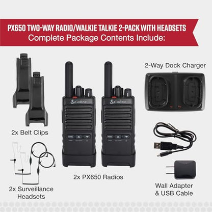 Cobra PX652 Professional Walkie Talkies, Rechargeable, 22 Channels | 300,000 sq. ft/25 Floor Range, Dust Protected & Splashproof (IP54 rating), Headsets and Chargers Included (2-Pack) - style: PX650 - 2 Pack