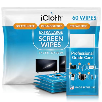 iCloth XL Screen Cleaning Wipes, Lint-Free and Streak-Free, Fast-Drying, Removes Dust, Fingerprints, and Smudges (60 XL Wipes) - size: 60 Count (Pack of 1)