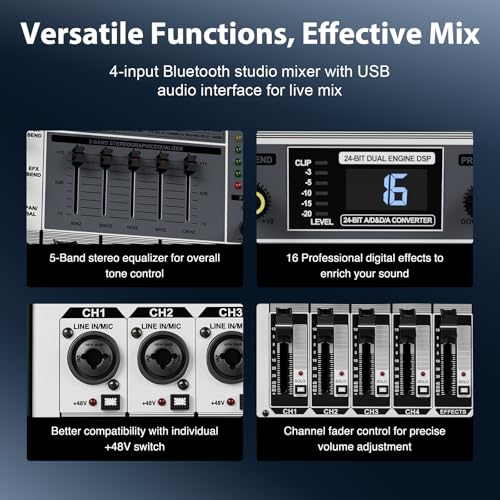 Professional Audio Mixer, Phenyx Pro Sound Console w/USB Audio Interface, 4-Channel Sound board DJ Mixer w/Stereo Equalizer, 16 DSP Effects, suitable for Stage, Live Gigs, and Karaoke (PTX-15)