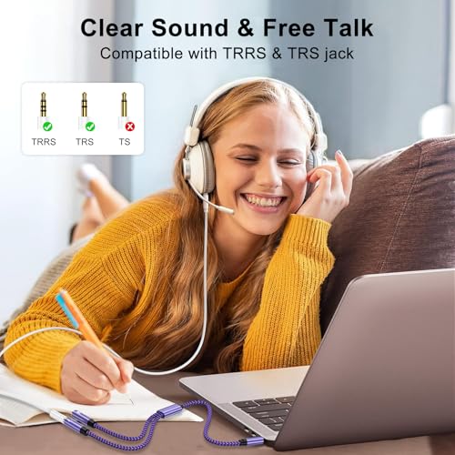Headphone Splitter Cable 3.5mm Male to 3.5mm Female Audio Jack Adapter | Headphone&3.5mm Microphone Stereo Y Splitters Adapter HiFi Sound Aux Extension Cable for Earphone Phone PS5 PS4 Switch Tablet - color: purple