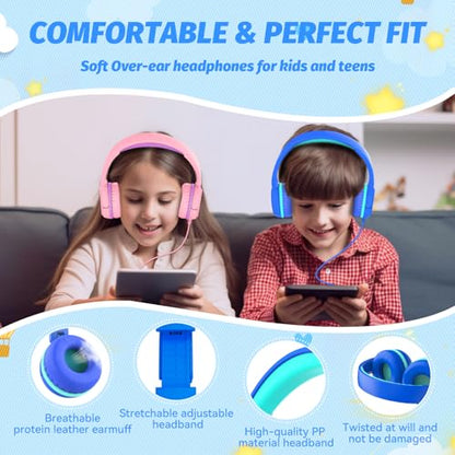 IMYB V1 Kids Headphones, Wired Stereo Foldable Tangle-Free 3.5mm Adjustable On-Ear Headphones for Kids for School/Toddlers/Childrens/Teens/Boys/Girls/Ipad/Tablet/Kindle/Phones/Travel/Plane (Blue-RV) - color: Blue-RV