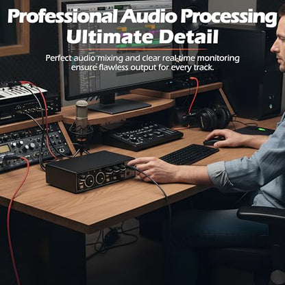 USB Audio Interface for PC Recording, 24-bit/192kHz Computer Audio Interface for Recording Music, 48V Phantom Power Music Recording Studio Equipment, for Home Studio Guitar Podcast Streaming