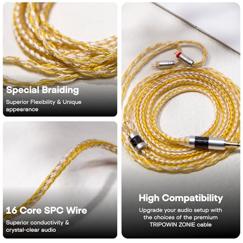 Linsoul Tripowin Zonie 16 Core SilverPlated IEM Cable, Recessed 2pin, 3.5mm - color: Gold