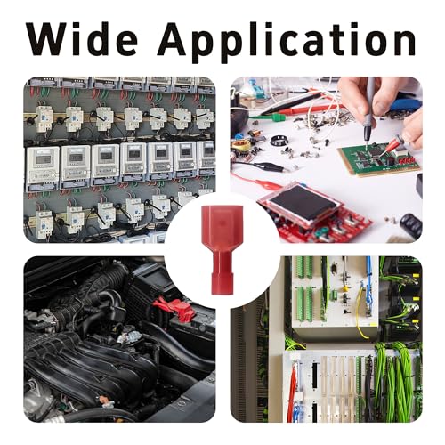 100Pcs Red Male Spade Connectors 22-16 AWG, Nylon Insulated Quick Disconnect Terminals, Tinned Copper Crimp Wire Connectors for Automotive, Speaker, Electronics - size: 22-16 AWG
