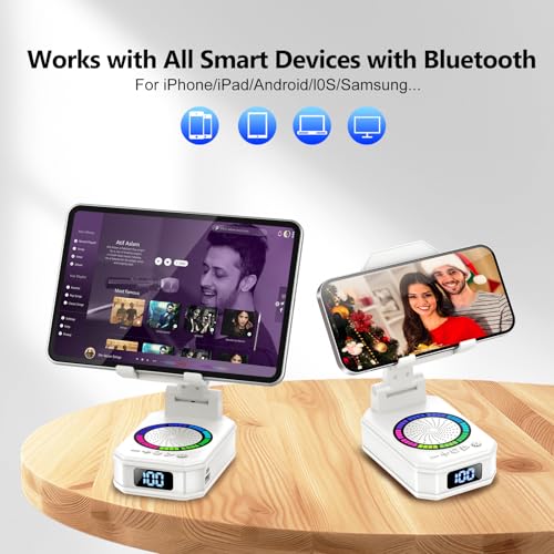 Cell Phone Stand with Wireless Bluetooth Speaker and Colorful LED Lights, 4-in-1 Multifunctional Phone Holder Support Fast Charging, Adjustable Desktop Stand for iOS Android White - color: Off-White