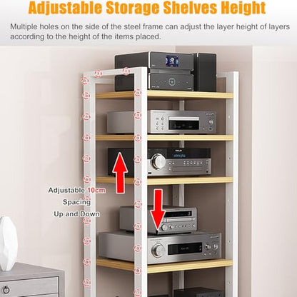 7 Tier Av Media Stand With Wheels, 55in Adjustable Audio Rack - color: Black + Teak