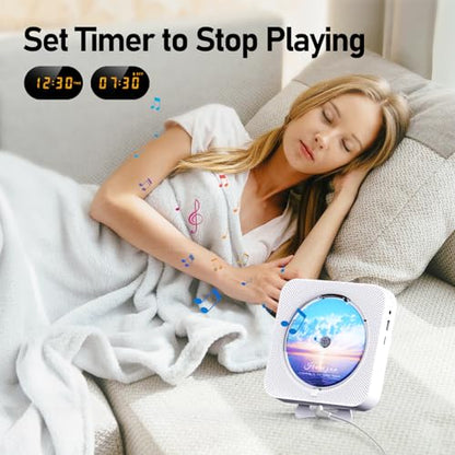 MICOCIOUS Bluetooth Portable Home CD Music Player with Remote Control, Timer, Built-in Speakers and LED Display - FM Radio Boombox (White) - color: White