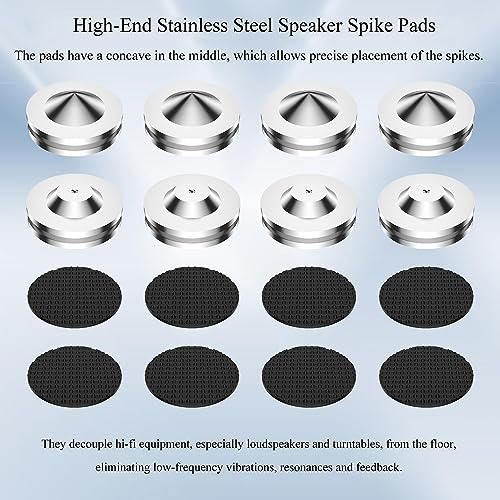 Audiocrast 4X HiFi Speaker Spikes, Isolation Stand Feet Pad, Stainless Steel Shock Absorber Vibration Dampener with Non-Slip Mats for Audio Speaker Subwoofer CD DVD Amplifier Turntable DAC - size: 27MM x 11MM x 9MM