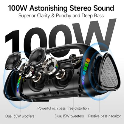 LFS Bluetooth Speaker,100W Loud Speakers Bluetooth Wireless with Deep Bass, LED Lights, IPX6 Waterproof, 30H Playtime, Portable Outdoor Speaker Boombox for Camping,Beach, Party