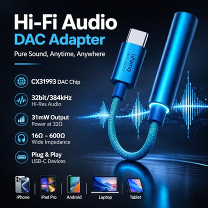 Meizu Lifeme HIFI3 USB C to 3.5mm DAC Adapter, CX31993 HiFi Headphone Dongle, 32bit/384kHz High-Resolution Audio,HiFi Amplifier for iPhone 15/16/17 Series, iPad Pro, Android Phones, Tablets, Laptops