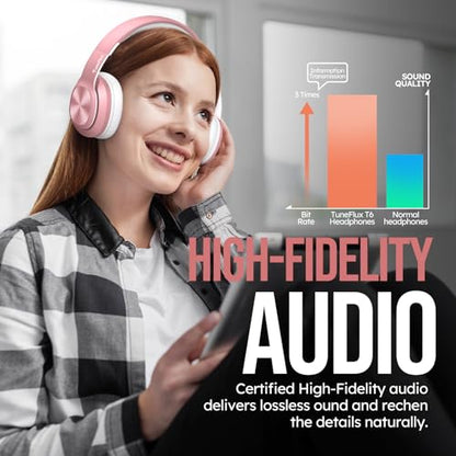 TuneFlux Wireless Bluetooth Headphones Over Ear, 80H Playtime, 3EQ Sound Modes, HiFi Stereo Headphones with Deep Bass, Foldable Bluetooth 5.3 Headsets for Smartphone/PC/Computer-Rose Gold - color: Rose Gold