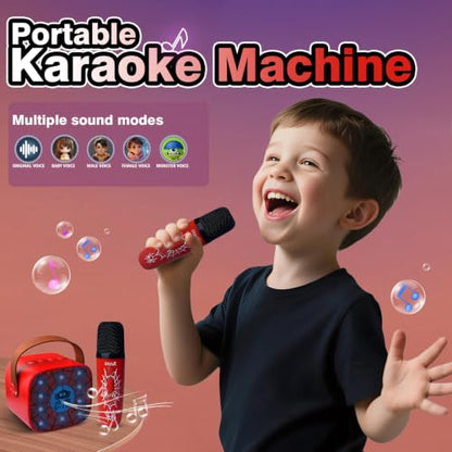 Mini Kids Karaoke Machine with LED and Fun Voice,Girls Boys Birthday Gifts | Portable Bluetooth Speaker with 2 Wireless Microphones for Ages 3,4,5,6,7,8,9,10+ Years Old Girl Boy Party Gift,Singing Toys - color: RED