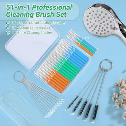 MAPVOLUT 51-in-1 Shower Head Cleaner Kit & Straw Cleaning Brushes Set - Unclog Nozzles, Holes, Stanley Cups, Sippy Bottles, Printers, Faucets - 35 Brushes, 10 Steel Picks, 5 Straw Brushes (3 Colors) - color: Orange+green+blue
