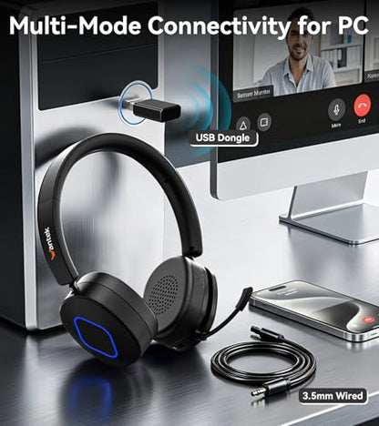 Wantek Wireless Headset with Mic,Bluetooth Computer Headset with USB Dongle | Noise cancelling mic, mute button and volume controls for clear calls on Zoom, Microsoft Teams, meetings and home office work - color: Dark black