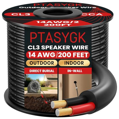 14 Gauge Outdoor Speaker Wire 200ft CL3 Direct Burial CCA Cable | CL2 Rated, 2 Conductor Stranded Core, UV and Weather Resistant, No Conduit Needed Underground, Garden Patio Pool Audio - size: 200FT, style: 14GAUGE