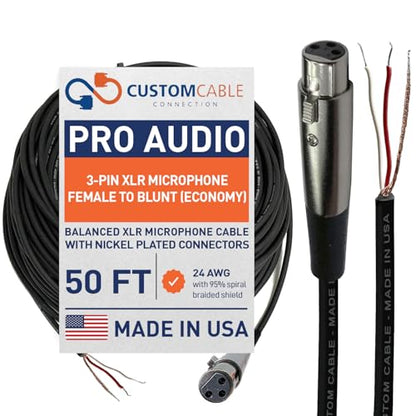 Custom Cable Connection 50 Foot Pro-Audio XLR Balanced Microphone Female to Blunt - 24 AWG Economy Shielded Install Cable - size: 50 Foot, style: Female to Blunt