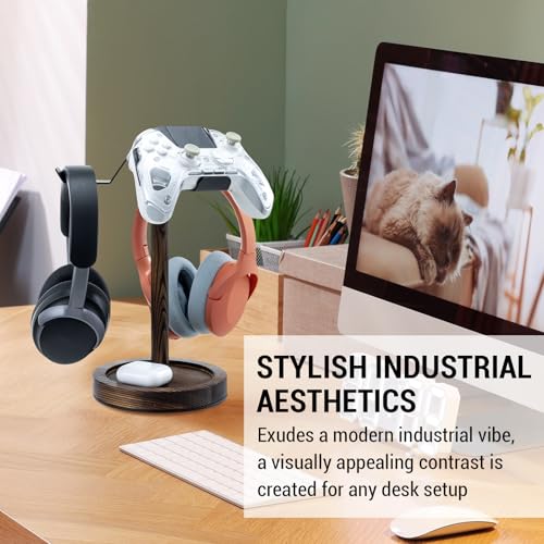 MyGift Industrial Matte Black Metal Headphone Stand with Burnt Wood Tray – Desktop Headset and Gaming Controller Holder for Office, Studio, or Console Setup - color: Dark Brown
