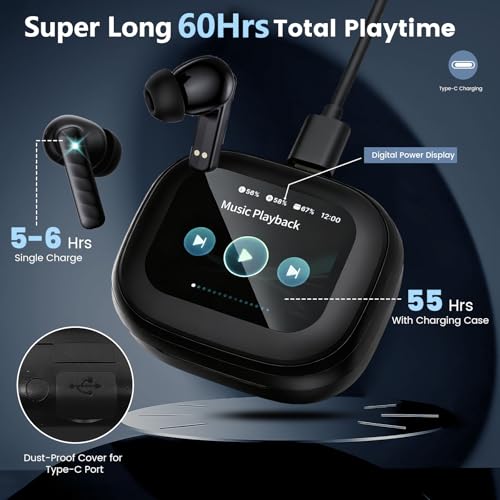 Touch Screen Earbuds, Wireless Bluetooth in-Ear Headphones with ANC Noise Cancelling, 60H Playtime, IPX5 Waterproof for Sports Gym Work Travel - color: Black