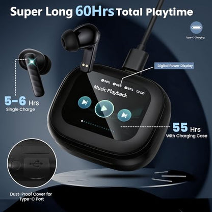 Touch Screen Earbuds, Wireless Bluetooth in-Ear Headphones with ANC Noise Cancelling, 60H Playtime, IPX5 Waterproof for Sports Gym Work Travel - color: Black