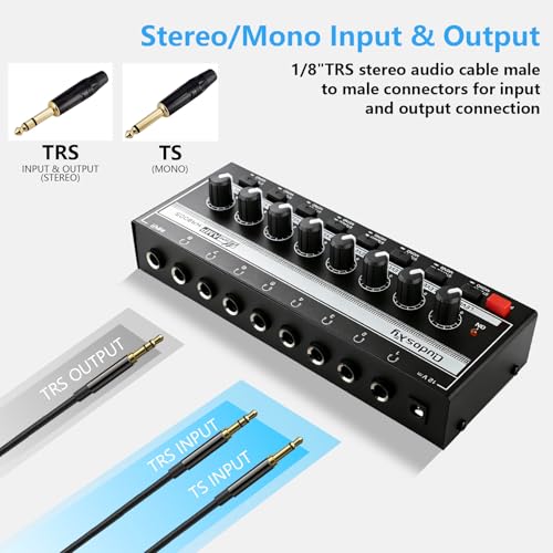 HA800S Audio Mixer, 8-Channel Stereo Line Mixer for Sub-Mixing, Independent Volume & Stereo/Mono Control, 1/4" TRS Input/Output for Headphone Monitoring, Studio Recording, Band Rehearsal