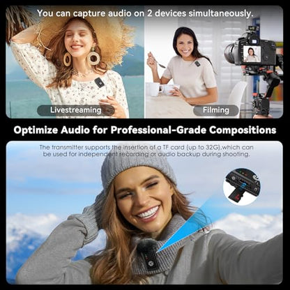 Wireless Microphone for iPhone/Android/Camera, AI Noise Cancelling with 56H Battery, 656ft Range & Internal Recording, Magnetic Clip-On for Streaming/Vlog/Interview