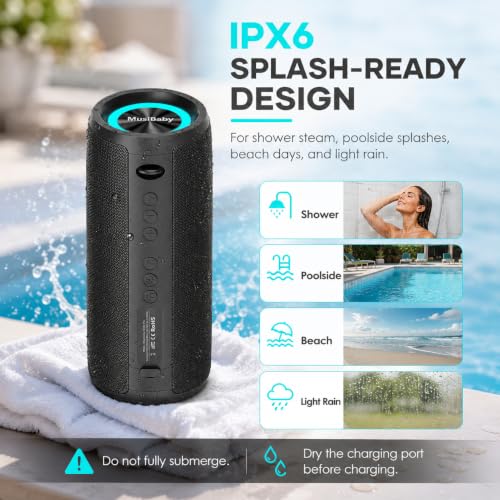 Musibaby M88 Pro 40W Bluetooth Speaker, IPX6, 40H Playtime, Dark Gray | Portable 40W stereo sound with IPX6 splash protection, RGB lights, 40H playtime, Bluetooth 5.3 and dual pairing - color: Black-pro