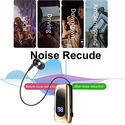 Retractable Wireless Headset Headphone Stereo Earphone V5.0 Noise Cancelling Mic Clip on Earpiece Comfortable HandsFree Headset 20Hrs Talking Time Sports Business Trucker Driver Earbud - color: Gold