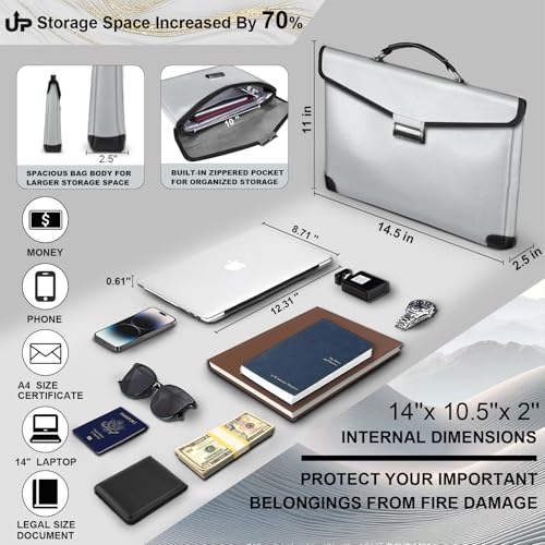Fireproof Document Bag, 14.5" X11" X2.5", Silver | Fireproof Money Bag for Cash, With Metal Lock and Zipper, Fireproof&Waterproof Organizerm, Protects Valuables Legal Documents - color: Silver