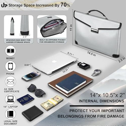 Fireproof Document Bag, 14.5" X11" X2.5", Silver | Fireproof Money Bag for Cash, With Metal Lock and Zipper, Fireproof&Waterproof Organizerm, Protects Valuables Legal Documents - color: Silver