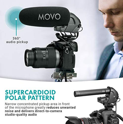 Movo VXR3030 Camera Shotgun Microphone - Supercardioid Microphone with Headphone Monitoring for DSLR's, Mirrorless, Recorders, and Camcorders