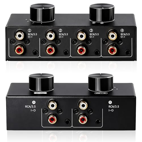 Bi-Directional 2 in 4 Out & 4 in 2 Out RCA 3.5mm Port Audio Switcher, 2-Way 4-Way 4x2 RCA 1/8 Stereo Speakers Headphones Audio Switch Selector Box