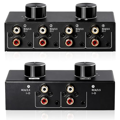 Bi-Directional 2 in 4 Out & 4 in 2 Out RCA 3.5mm Port Audio Switcher, 2-Way 4-Way 4x2 RCA 1/8 Stereo Speakers Headphones Audio Switch Selector Box