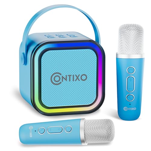 Contixo KS1 Mini Karaoke Machine for Kids with 2 Wireless Microphones, Blue | Portable Bluetooth Speaker, 2 Wireless Microphones, Dynamic Lights, Home Party Entertainment Toy - color: Blue