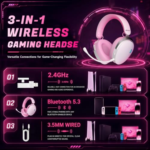 Acer Gaming Headset with Aluminum Frame for PS5, PS4, PC, Switch -PinkWhite | Tri-Mode(2.4GHz/Bluetooth/Wired) Gaming Headphones with ENC Mic, Stereo Sound, 40H Battery, Blue Light Indicator, 50mm Driver - color: PinkWhite