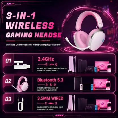 Acer Gaming Headset with Aluminum Frame for PS5, PS4, PC, Switch -PinkWhite | Tri-Mode(2.4GHz/Bluetooth/Wired) Gaming Headphones with ENC Mic, Stereo Sound, 40H Battery, Blue Light Indicator, 50mm Driver - color: PinkWhite