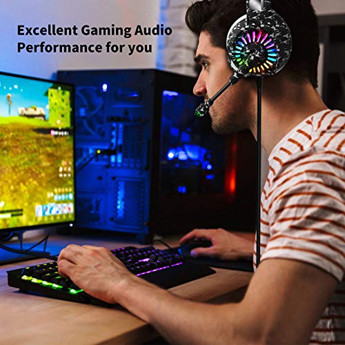 ZIUMIER Wired Camo Gaming Headset for PC, PS5, PS4, Xbox Series X|S | 노이즈 캔슬링 마이크, LED RGB 조명, 50mm 드라이버, 3.5mm 오디오 잭, 소프트 메모리 폼, 멀티 플랫폼 헤드폰 - color: 카모플라주