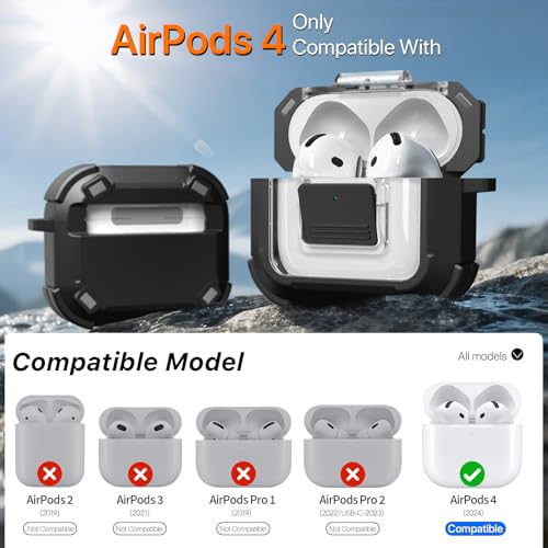 for AirPods 4 Case with Lock Magnetic Lid MagSafe, Black | Compatible with Apple AirPods 4th Generation Protective Case with Cleaner Kit & Carabiner, Powerful Drop Protection - color: A-TW-Black, size: Airpods 4th Generation