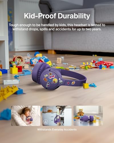 Belkin SoundForm Mini Bluetooth Kids Headphones, On Ear, 30H Battery Life | Toddler headphones, 85dB Volume Limit, Built-in Mic, Wired Connection Option, iPad, Android Tablet, School, Travel - color: Purple, style: Wireless (USB-C)