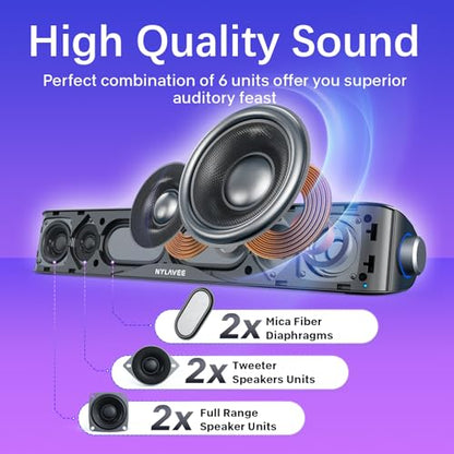 Nylavee Computer Speakers for Desktop PC, Bluetooth & AUX PC Sound Bar | 4-Driver Hi-Fi Stereo Sound, USB A/C Power, Built-in Mic and Headphone Jack, PC Speakers for Desktop, Laptop, Monitor - color: Black